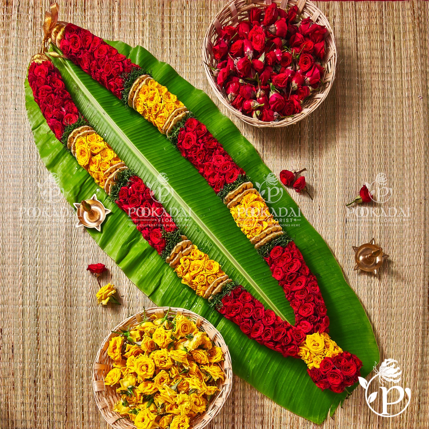 Button Rose Garland | Roja Maalai | Gulab Mala - Read and Yellow