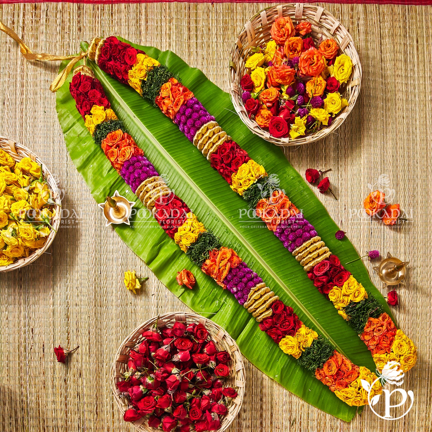 Mixed Flower Garland with Roses & Vadamalli | Traditional Pooja Maalai