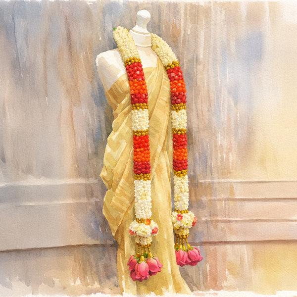 Intricate Aandal flower garland for puberty ceremony and traditional South Indian rituals.