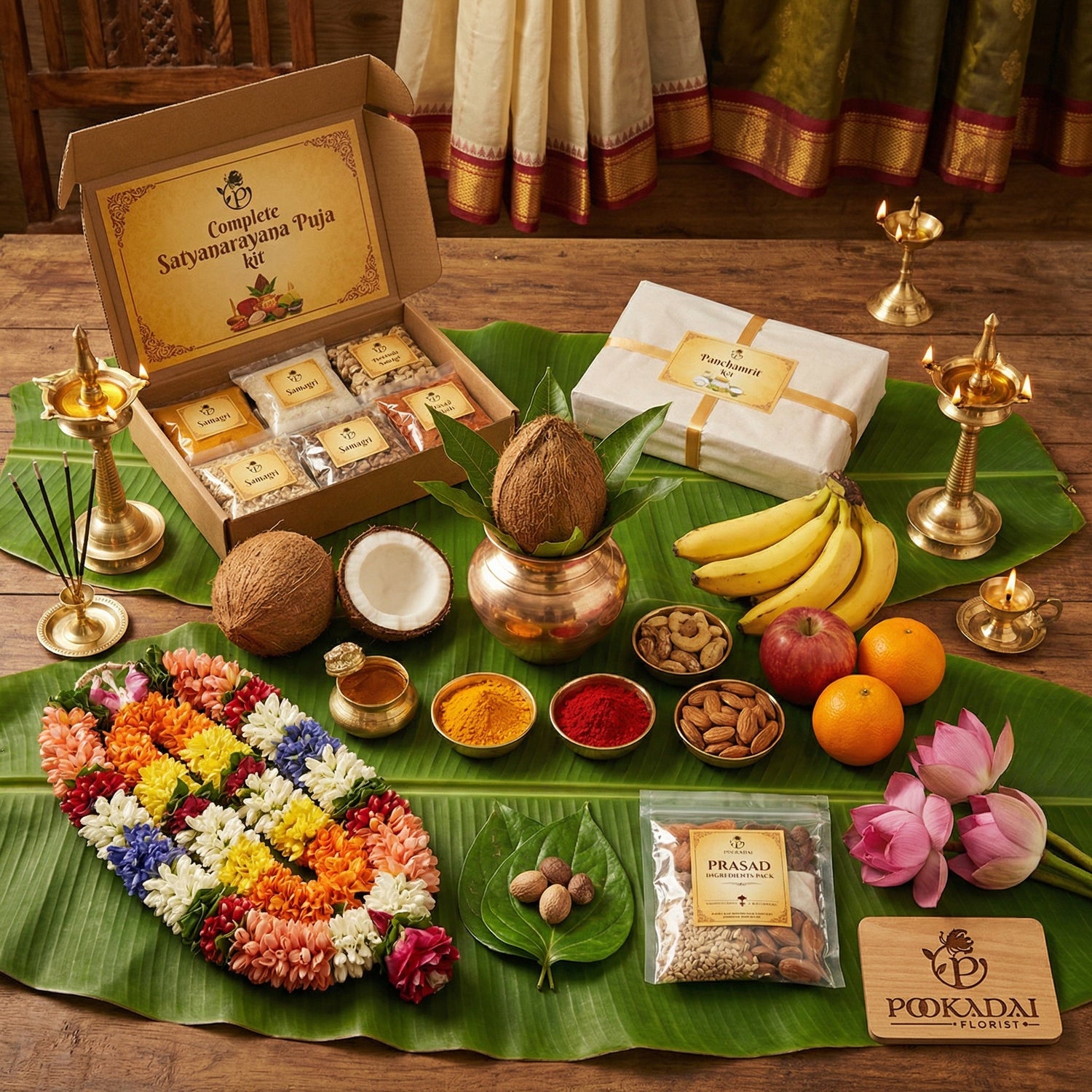Curated Indian festival pooja kit with fresh flowers, leaves, and ritual essentials.