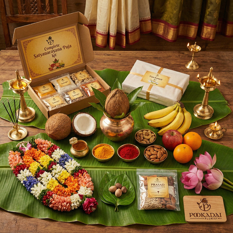 Curated Indian festival pooja kit with fresh flowers, leaves, and ritual essentials.