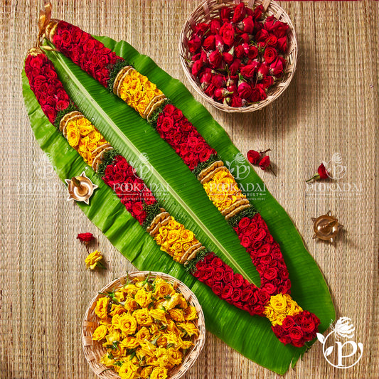 Button  Rose Garland | Roja Maalai | Gulab Mala - Read and Yellow