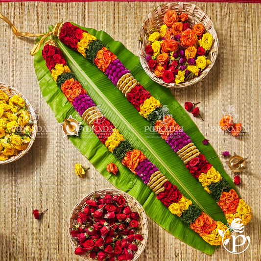 Mixed Flower Garland with Roses & Vadamalli | Traditional Pooja Maalai