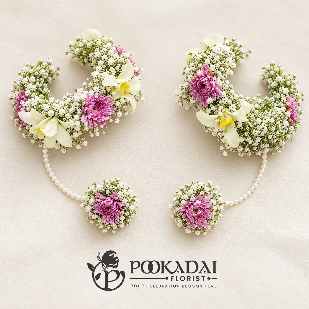 Pair of white and mauve floral haath phool with baby’s breath wrist bands connected to matching floral rings by white bead strands.