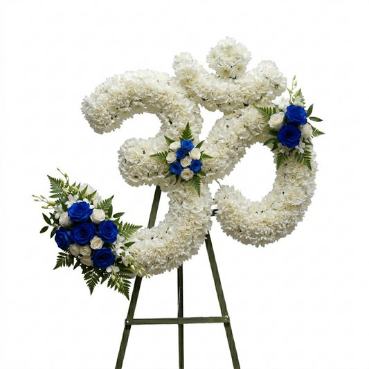 OM Sanskrit Symbol Floral Arrangement | White & Blue Roses