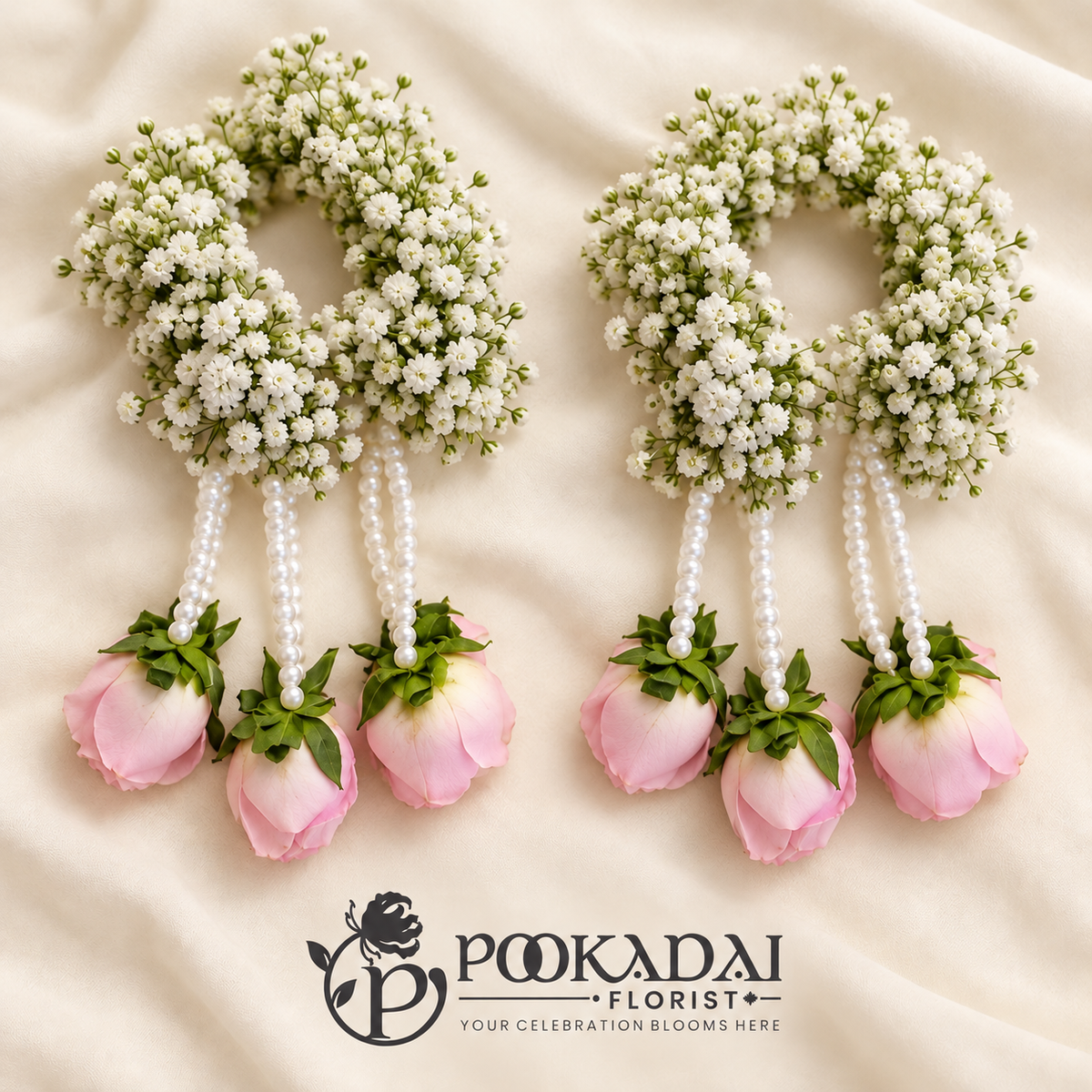 Baby’s Breath & Pink Rose Floral Kaleere, Pair of 2