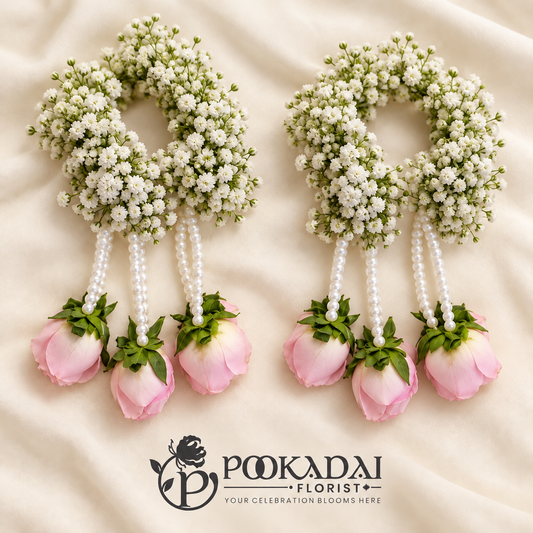 Baby’s Breath & Pink Rose Floral Kaleere, Pair of 2